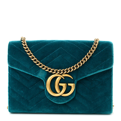Gucci Velvet Matelasse GG Marmont Chain Wallet Pavone Cyan 1 of 10