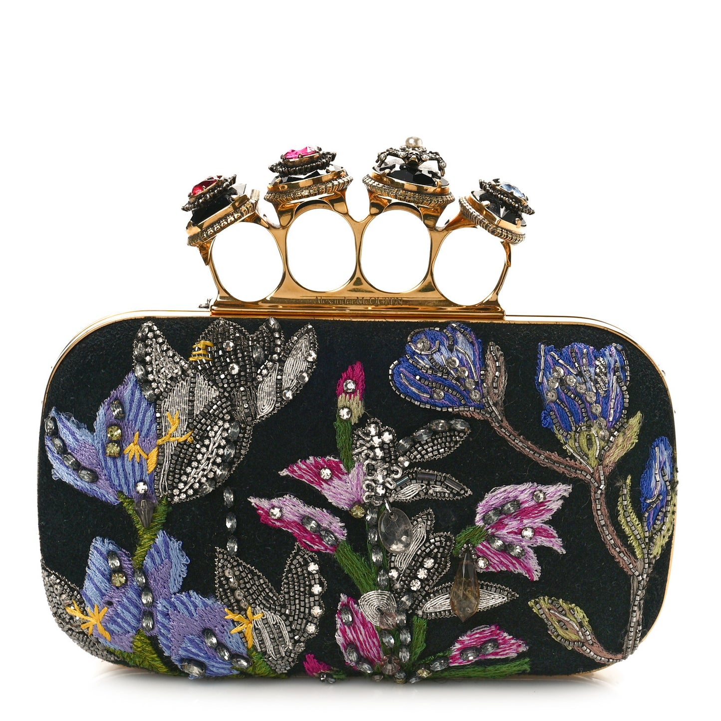 Suede Stone Eagle Embroidered Knuckle Box Clutch Black