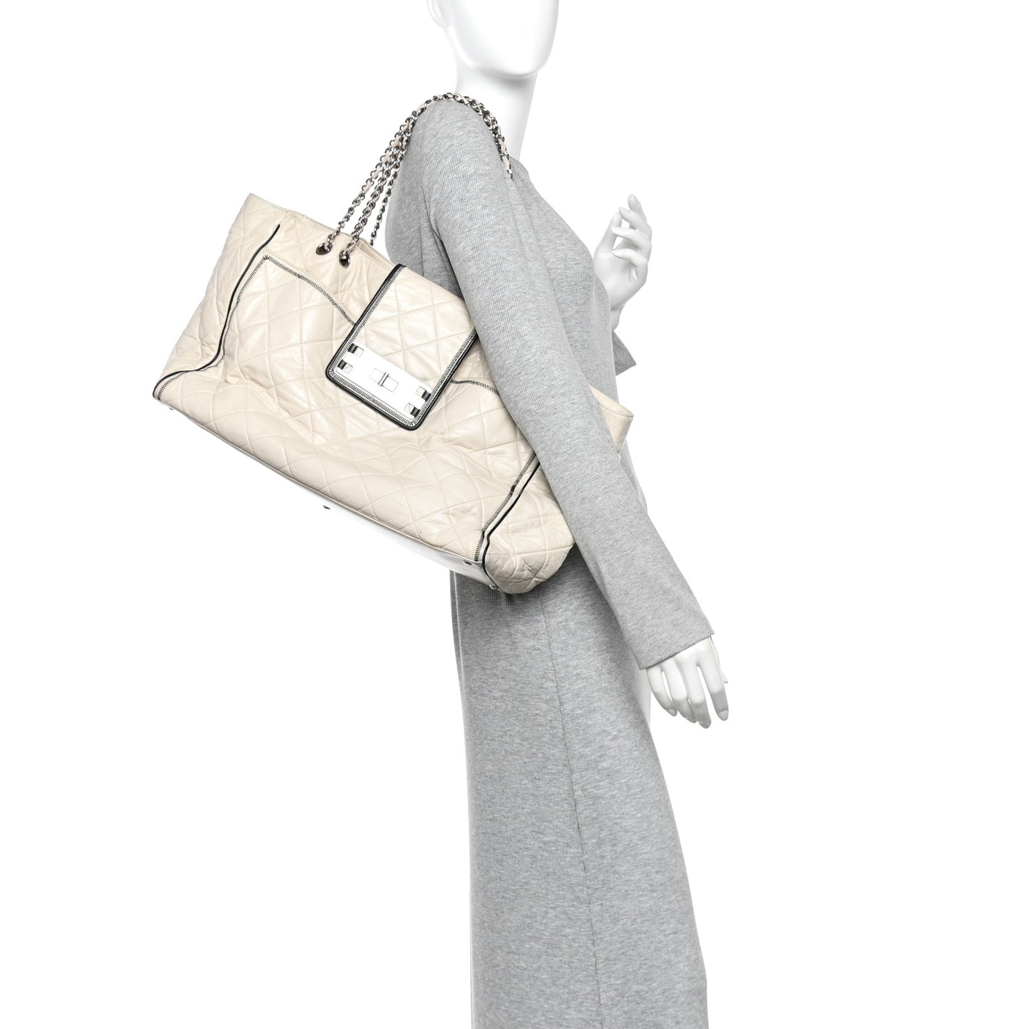 Glazed Lambskin Quilted North South XL Tote White