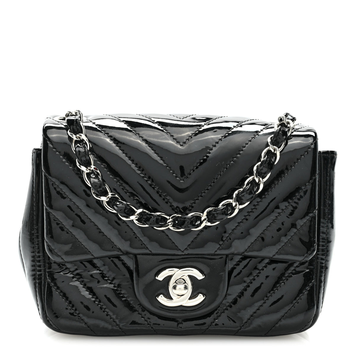 Patent Calfskin Chevron Quilted Mini Square Flap Black
