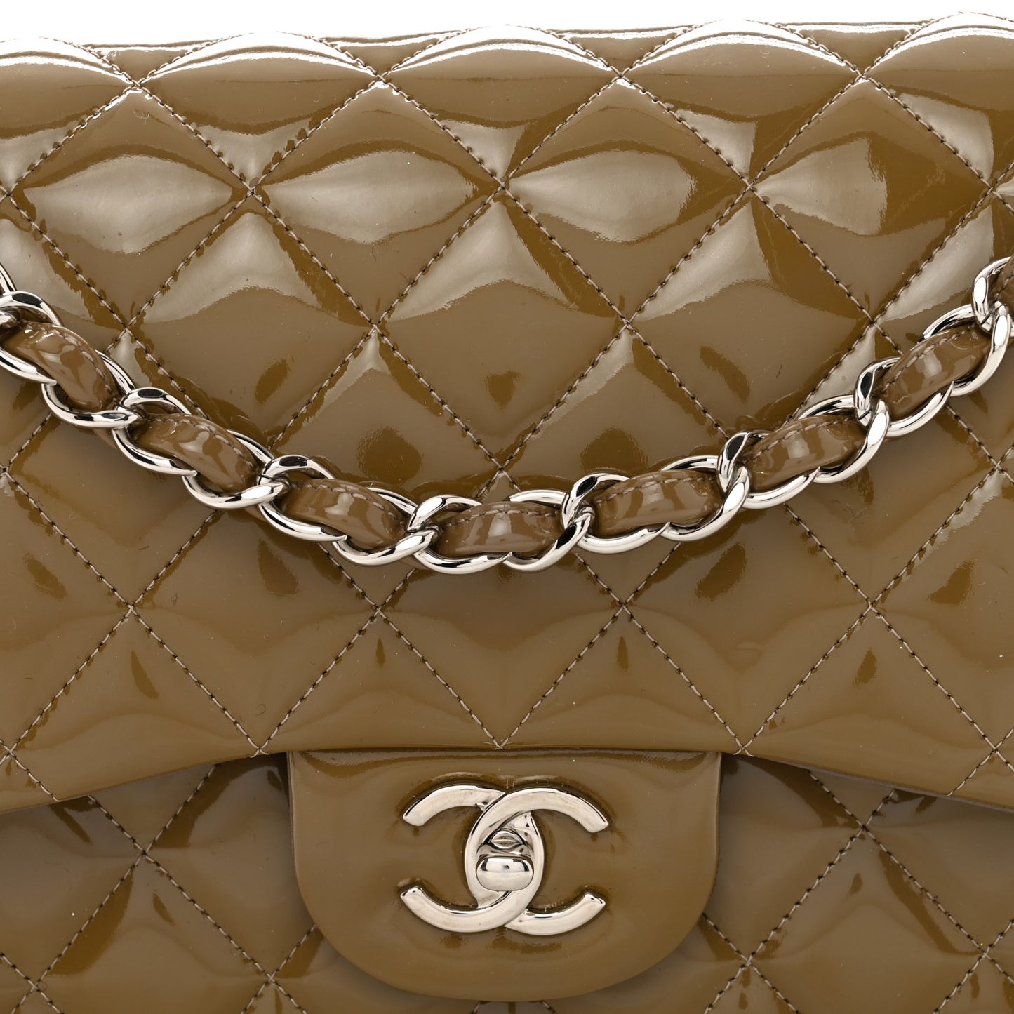 Patent Calfskin Quilted Jumbo Double Flap Grey