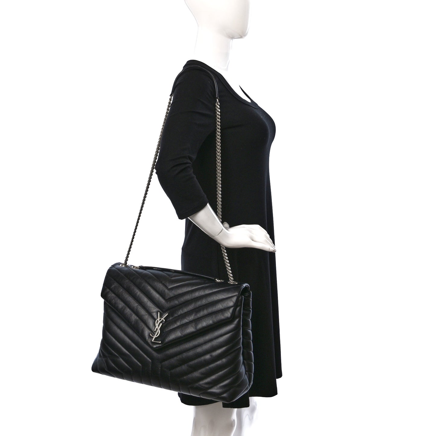 Calfskin Y Quilted Monogram Large Loulou Chain Satchel Black