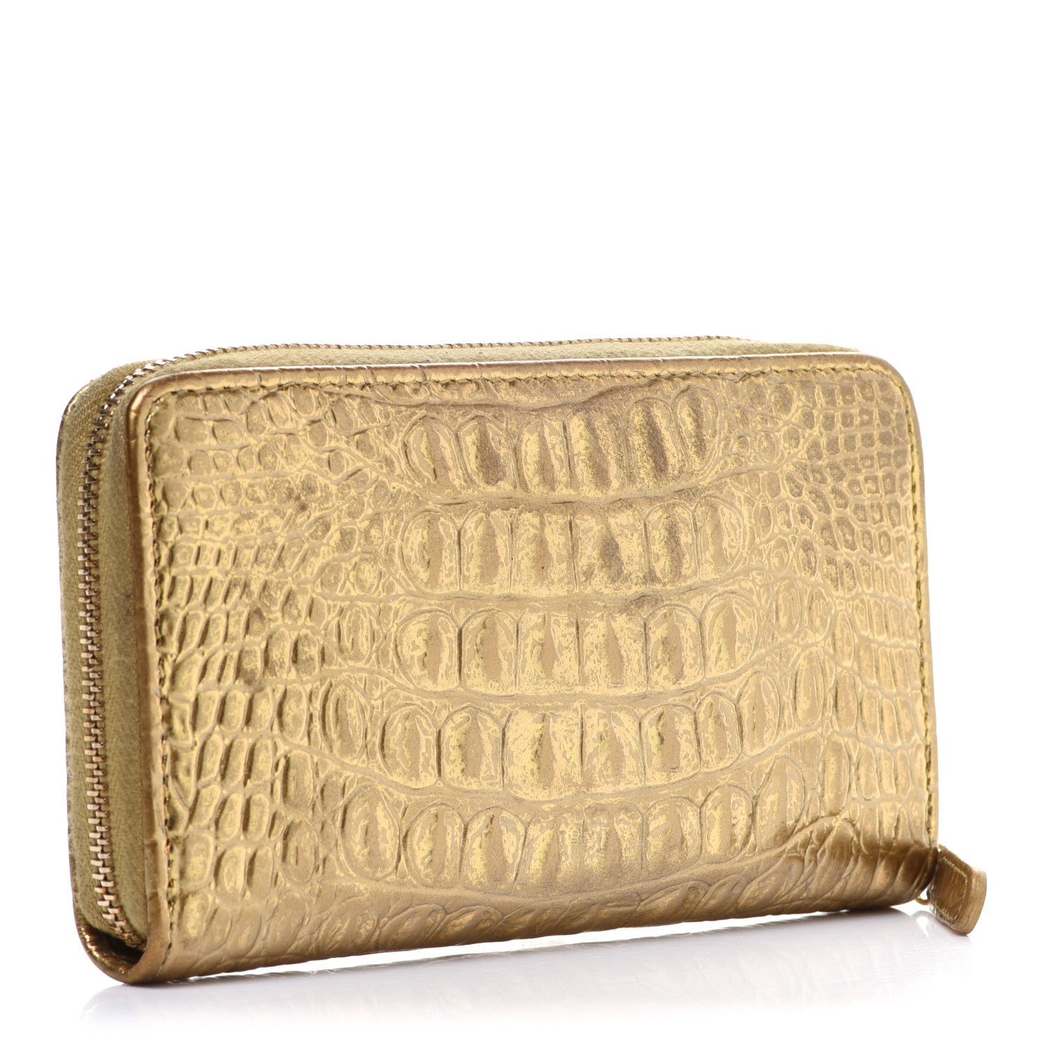 Chanel Metallic Calfskin Crocodile Embossed Small Zip Wallet Gold 3 of 14