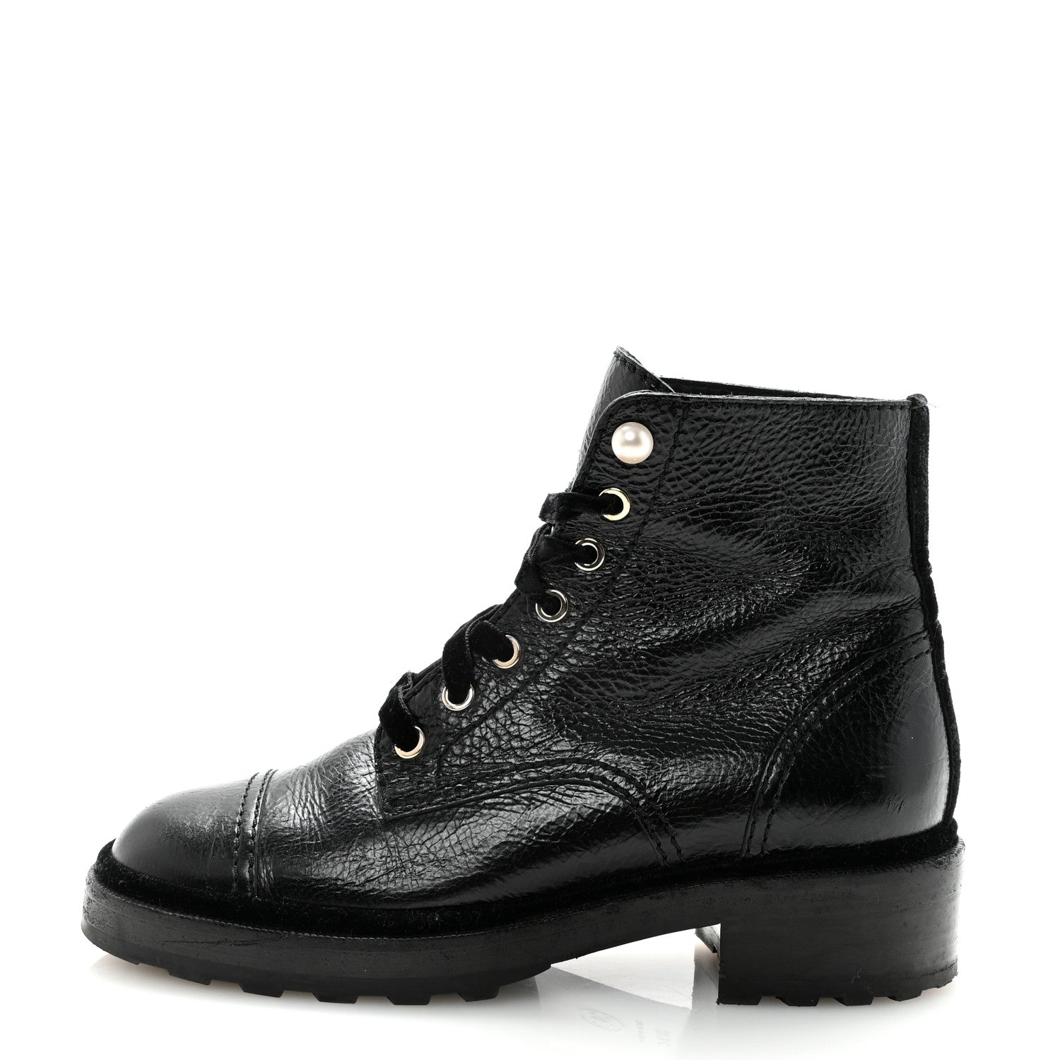 Chanel Shiny Calfskin Velvet Pearl Combat Short Boots 38.5 Black 1 of 9