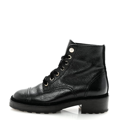 Chanel Shiny Calfskin Velvet Pearl Combat Short Boots 38.5 Black 1 of 9