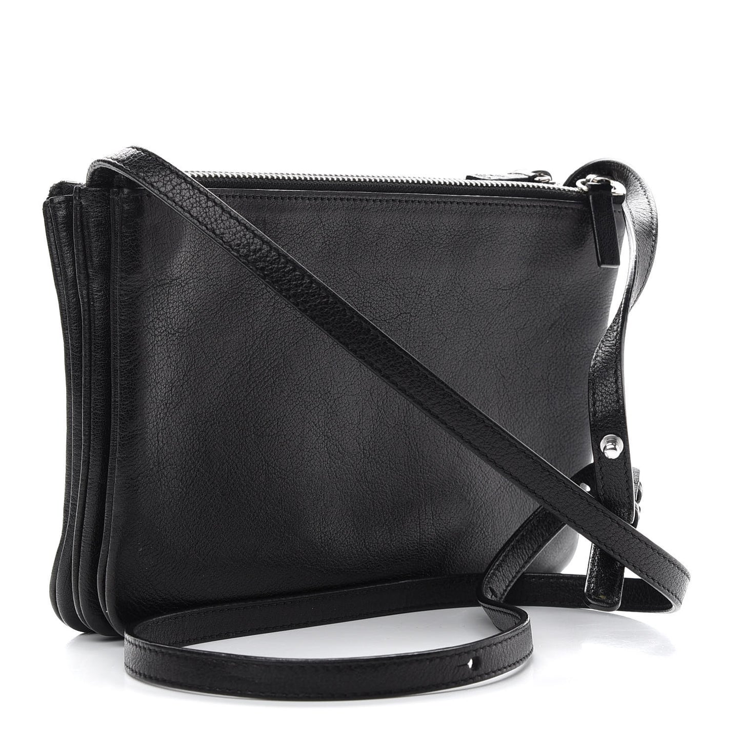 Shiny Textured Calfskin Small Trio Crossbody Bag Black