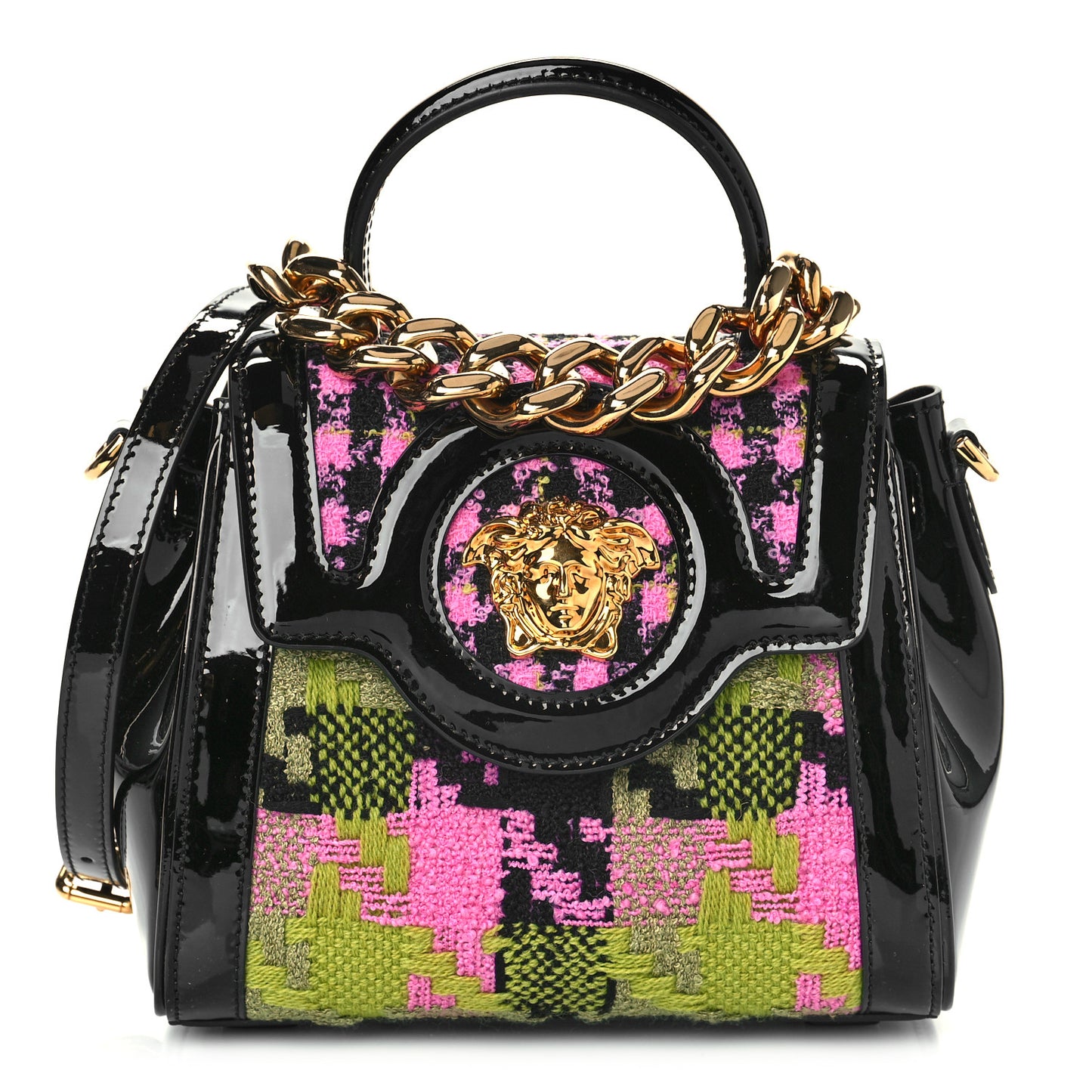 Patent Calfskin Tweed Houndstooth Medusa Small Top Handle Handbag Multicolor