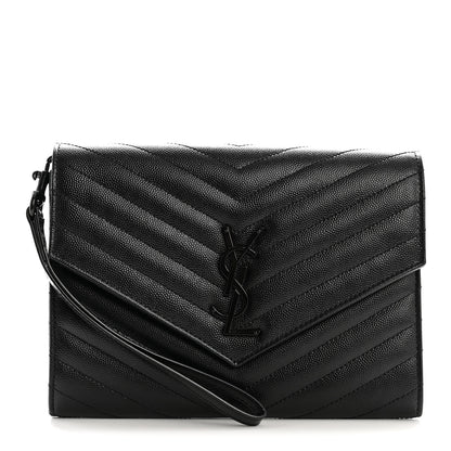 Saint Laurent Grain De Poudre Matelasse Chevron Monogram Monochrome Envelope Clutch Black 1 of 7