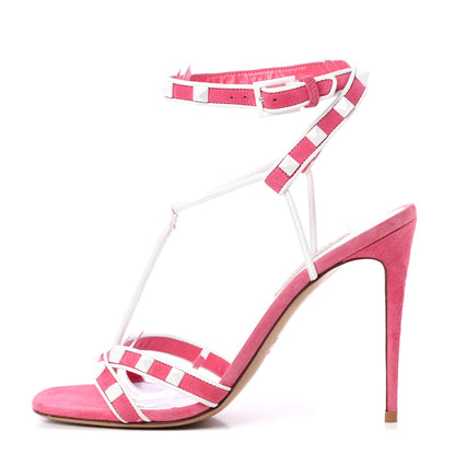 Valentino Garavani Suede Free Rockstud Ankle T-Strap 105mm Sandals 36.5 Shadow Pink White 1 of 9