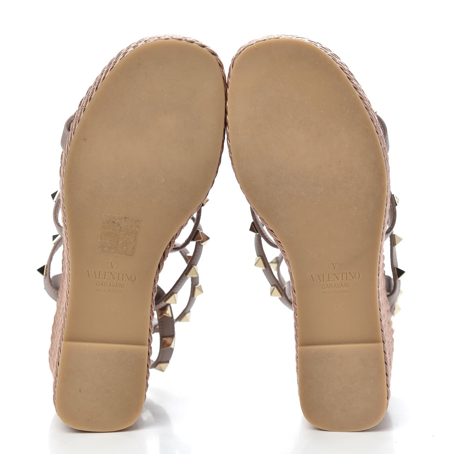 Valentino Garavani Calfskin Rockstud Ankle Strap Torchon Espadrille Caged 25/95mm Wedge Sandals 35 Poudre 5 of 7