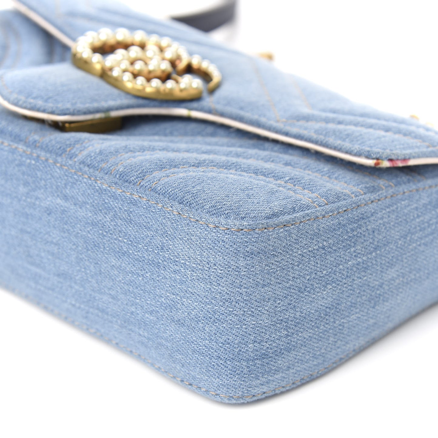 Denim Matelasse Mini Pearly GG Marmont Shoulder Bag Blue