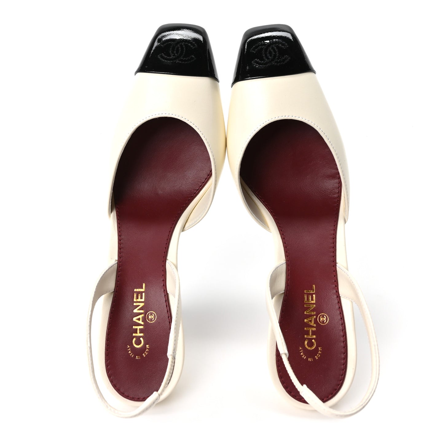 Lambskin Patent Calfskin Cap Toe CC Slingback Pumps 37.5 Ivory Black