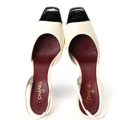 Chanel Lambskin Patent Calfskin Cap Toe CC Slingback Pumps 37.5 Ivory Black 2 of 10