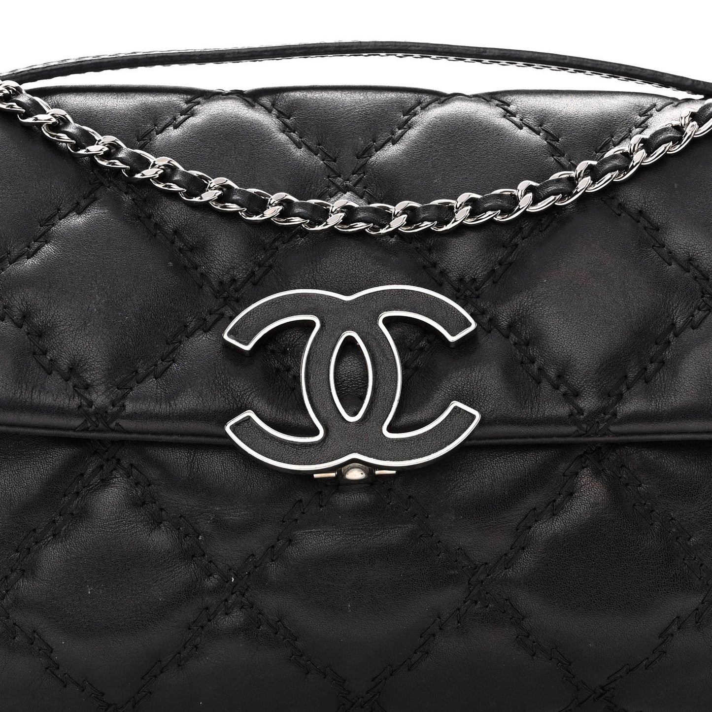 Calfskin Quilted Double Stitch Hamptons Clutch with Chain Black