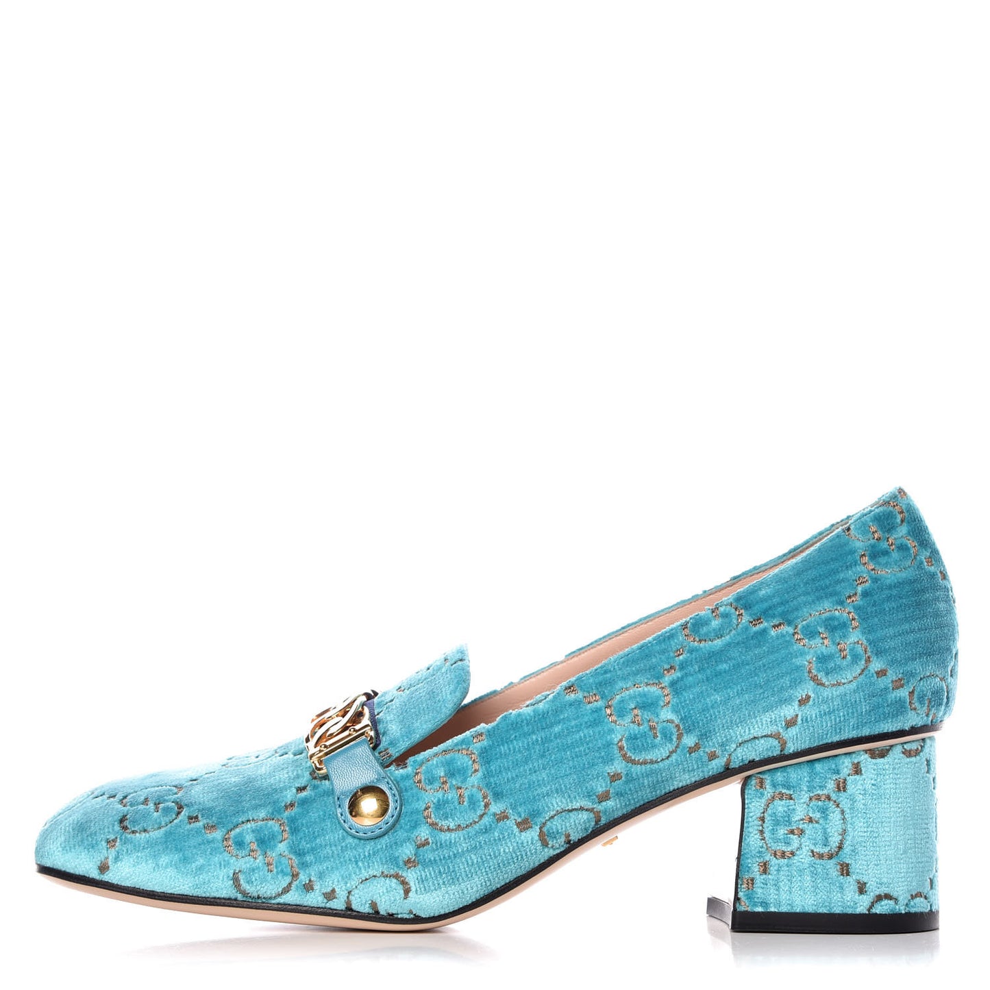 Velvet GG Monogram Sylvie Web Chain Mid Heel Loafers 40.5 Turchese Beige