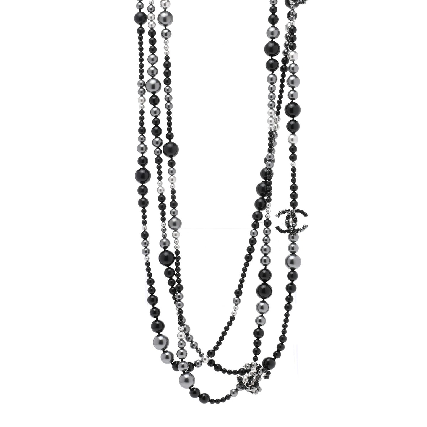Resin Pearl Beaded CC Multi Strand Long Necklace Black Silver