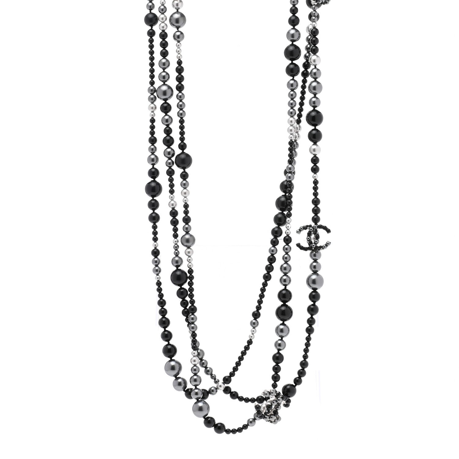 Chanel Resin Pearl Beaded CC Multi Strand Long Necklace Black Silver 1 of 7