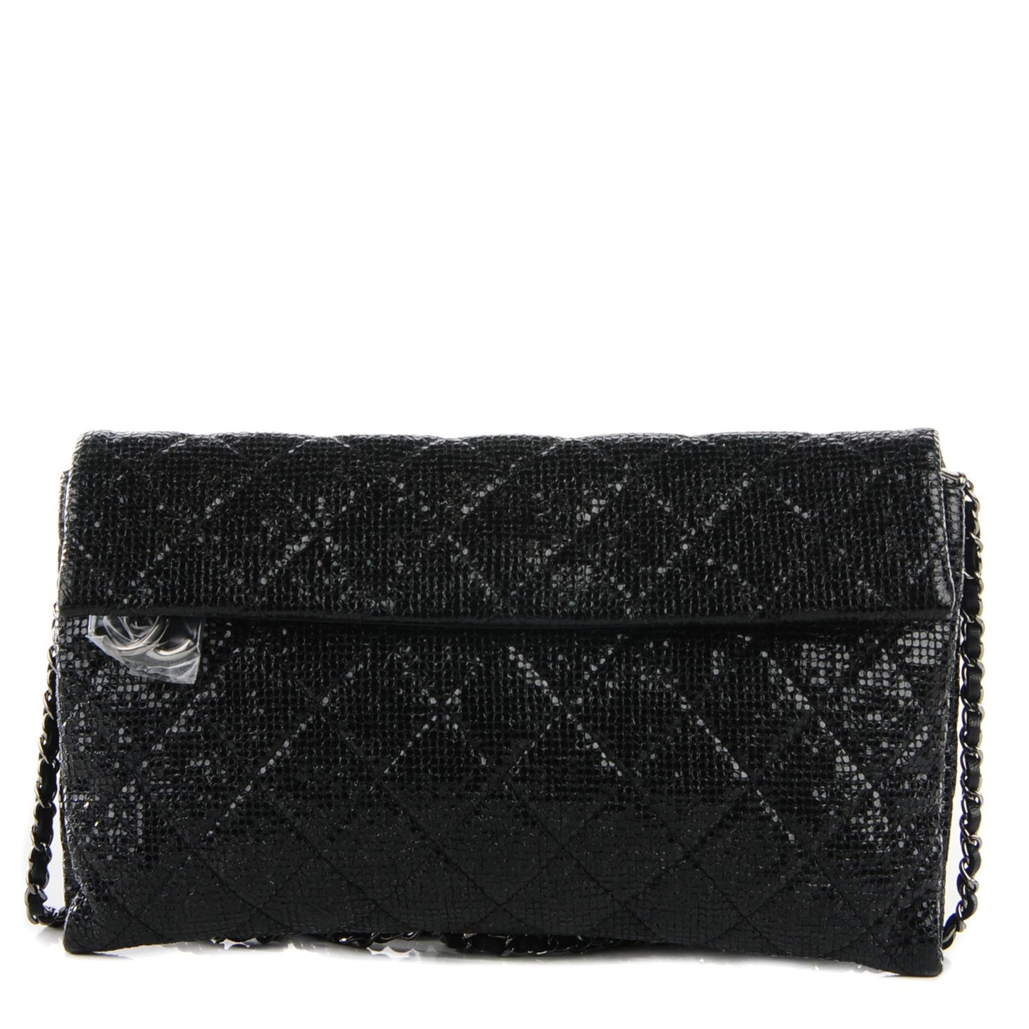 Vinyl Quilted Clutch with Chain Black