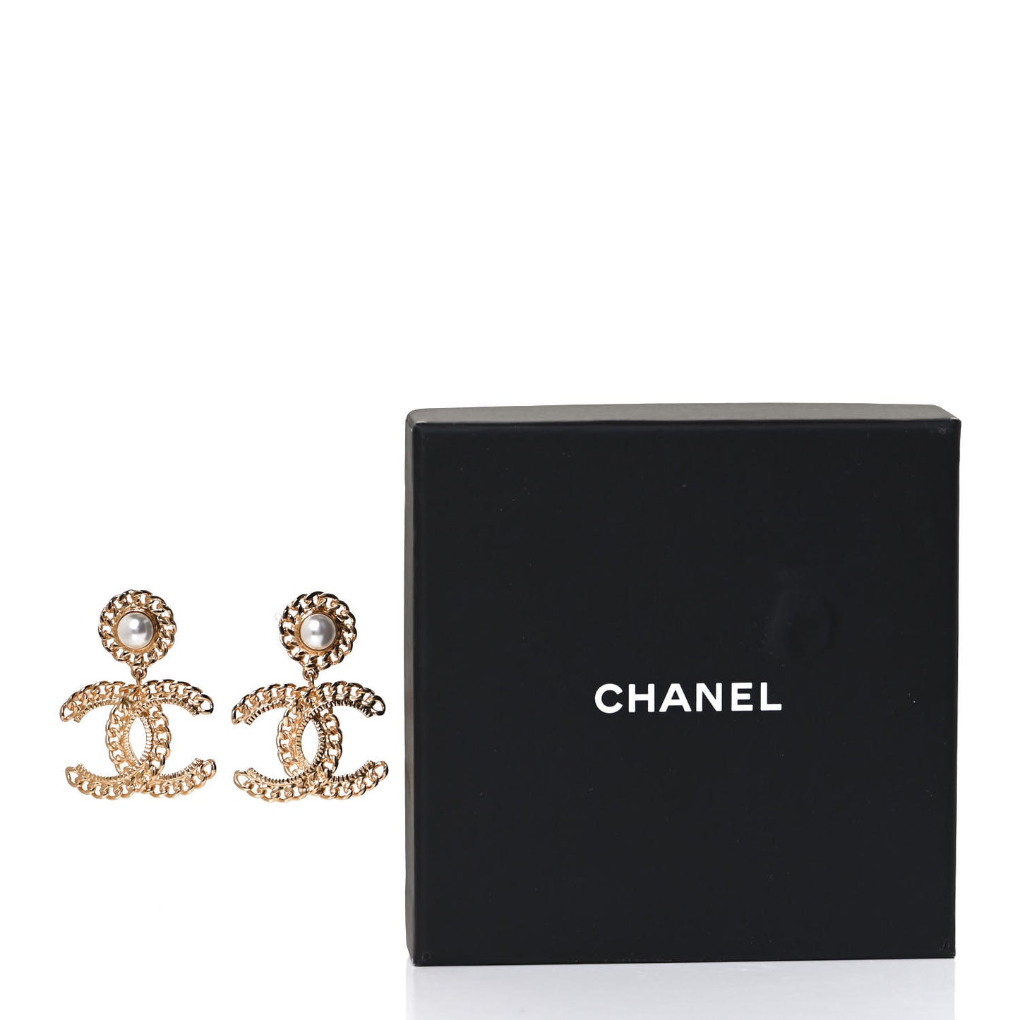 Metal Pearl CC Chain Drop Earrings Gold
