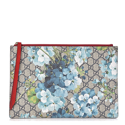Gucci GG Supreme Monogram Blooms Suede Large Zip Pouch Blue 1 of 9