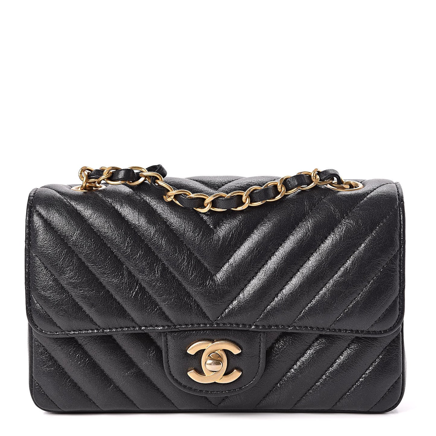 Iridescent Calfskin Chevron Quilted Mini Rectangular Flap Black