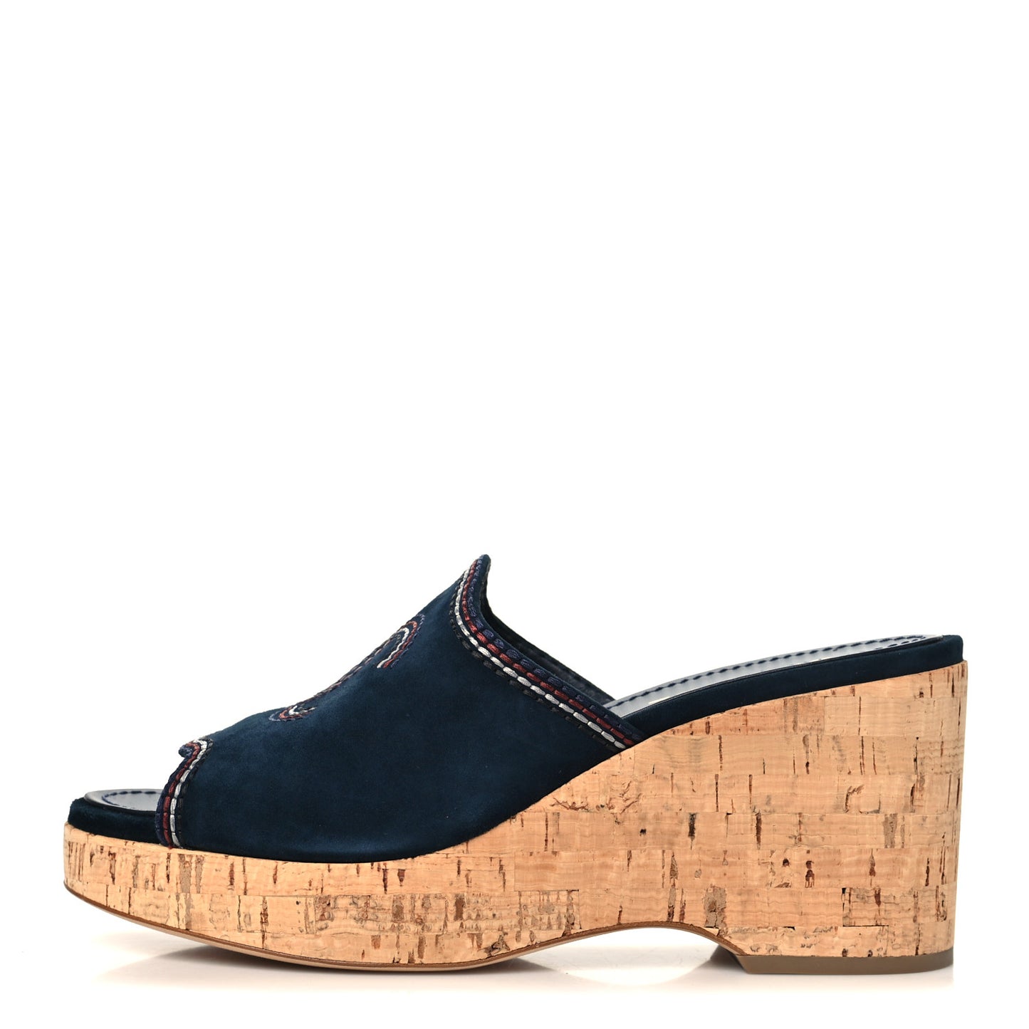 Suede Calfskin Cork CC Wedge Sandal 39.5 Navy Blue