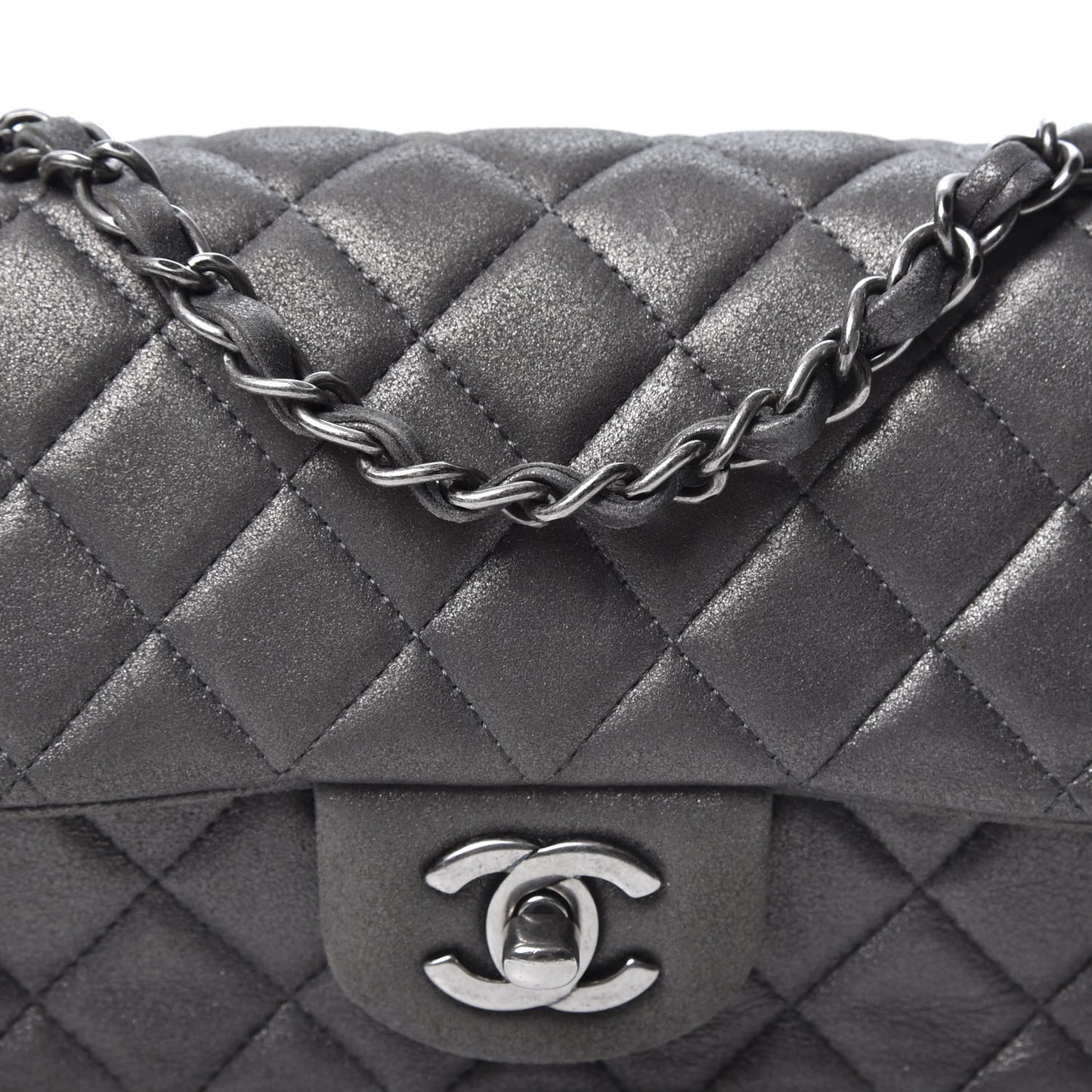 Iridescent Calfskin Quilted Mini Rectangular Flap Charcoal Grey