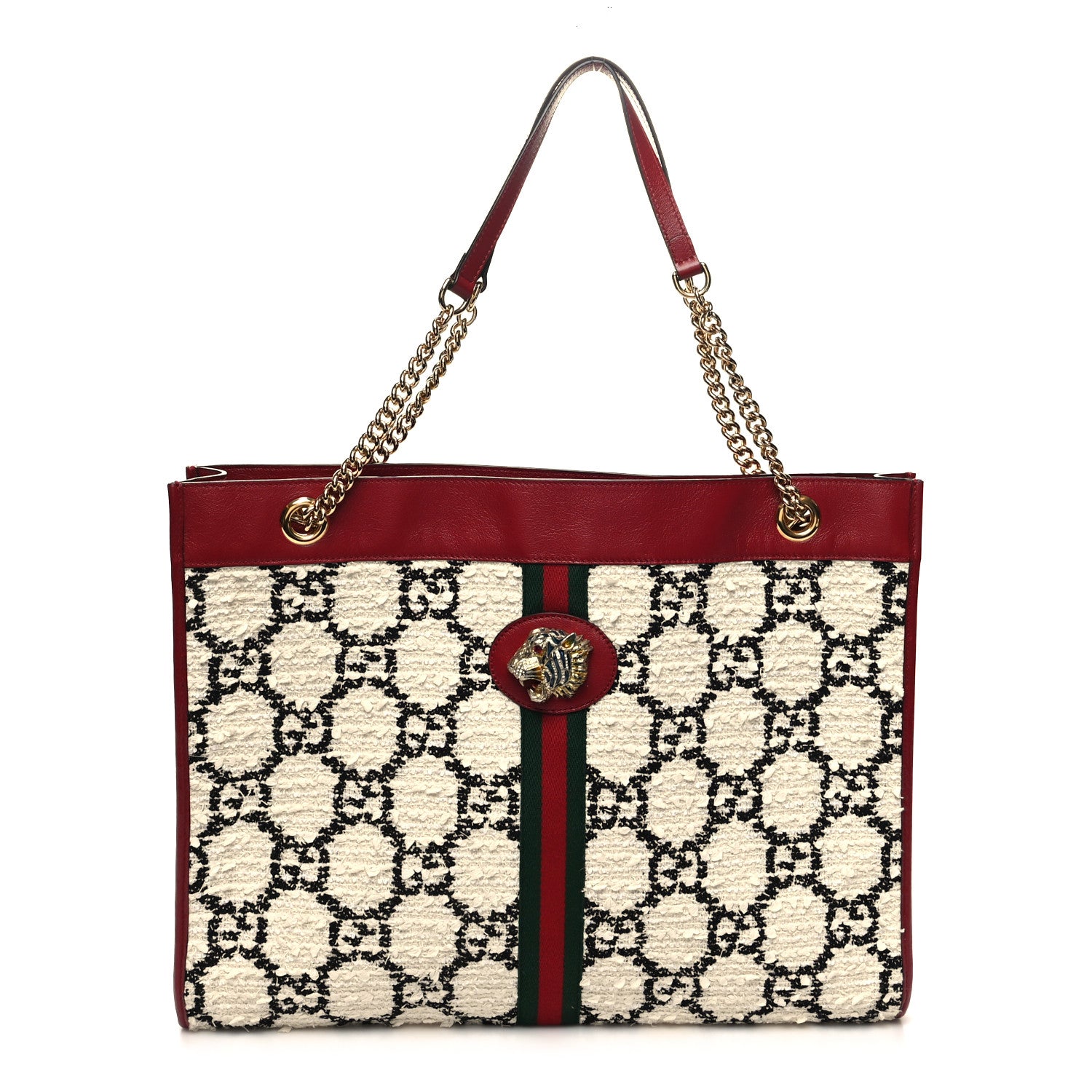 Gucci Tweed GG Monogram Large Rajah Chain Tote White Black Romantic Cherry 3 of 12