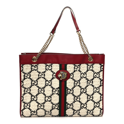 Gucci Tweed GG Monogram Large Rajah Chain Tote White Black Romantic Cherry 3 of 12