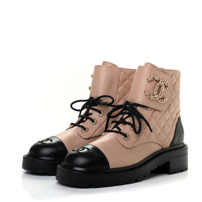 Chanel Shiny Lambskin Quilted Lace Up Combat Boots 37.5 Beige Black 3 of 7