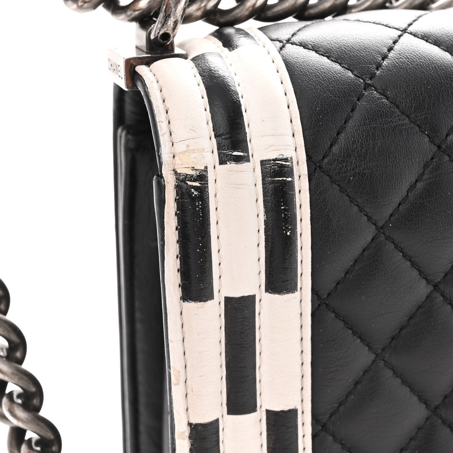 Calfskin Quilted Checkerboard Trim New Medium Boy Flap Black White