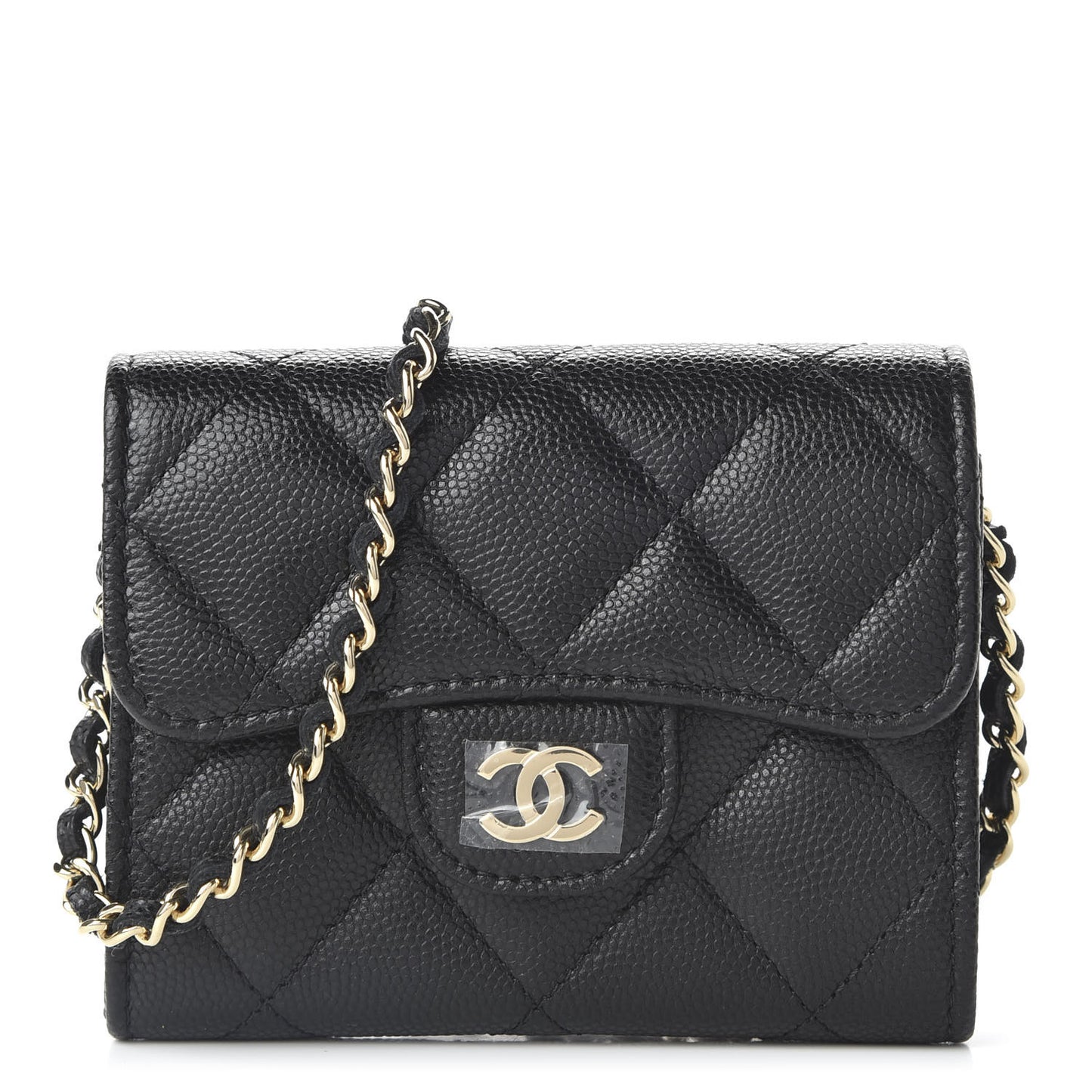 Caviar Quilted Flap Card Holder On Chain Black
