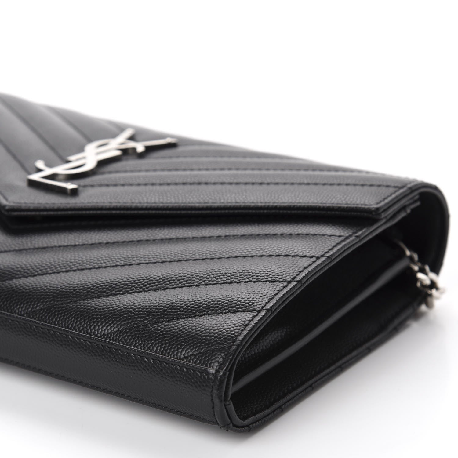 Saint Laurent Grain De Poudre Matelasse Chevron Monogram Chain Wallet Black 7 of 13