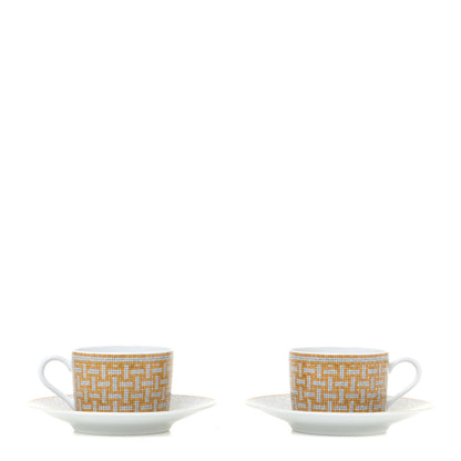 Hermes Porcelain Mosaique Au 24 Gold Tea Cup And Saucer Set Of 2 1 of 8