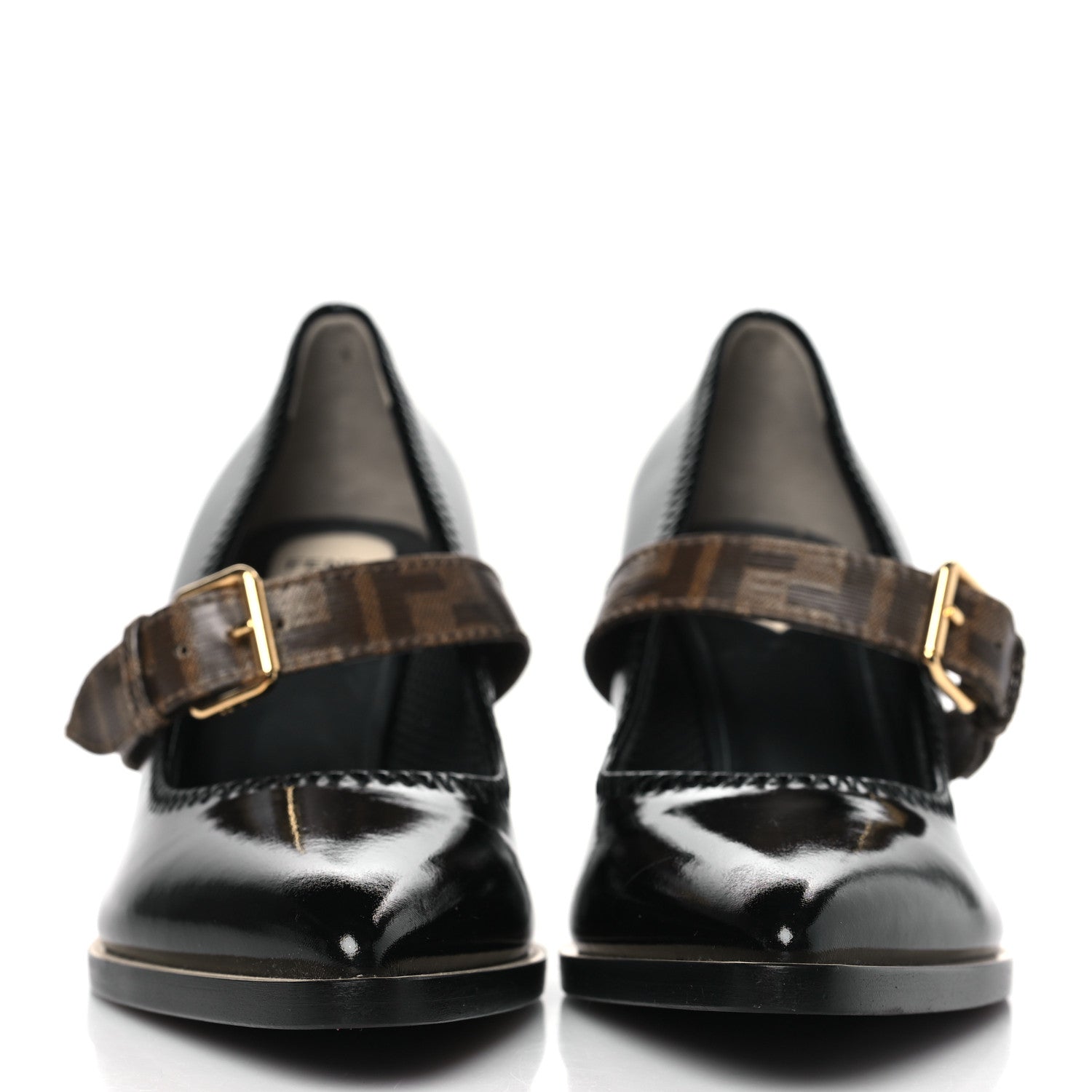 Fendi Glossy Neoprene Glazed Fabric FF FFrame Court Mary Jane Slingback Pumps 39 Black Tobacco Moro 2 of 7
