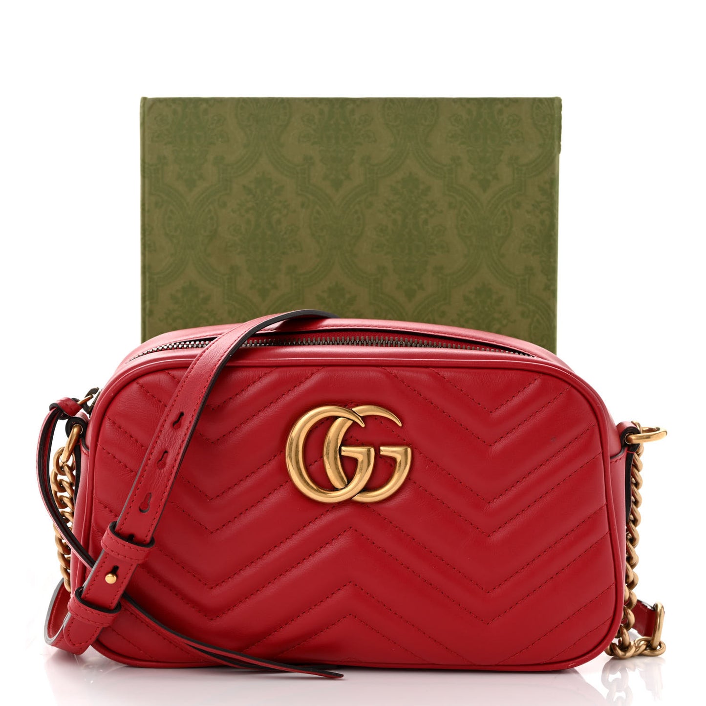 Calfskin Matelasse Small GG Marmont Chain Shoulder Bag Hibiscus Red