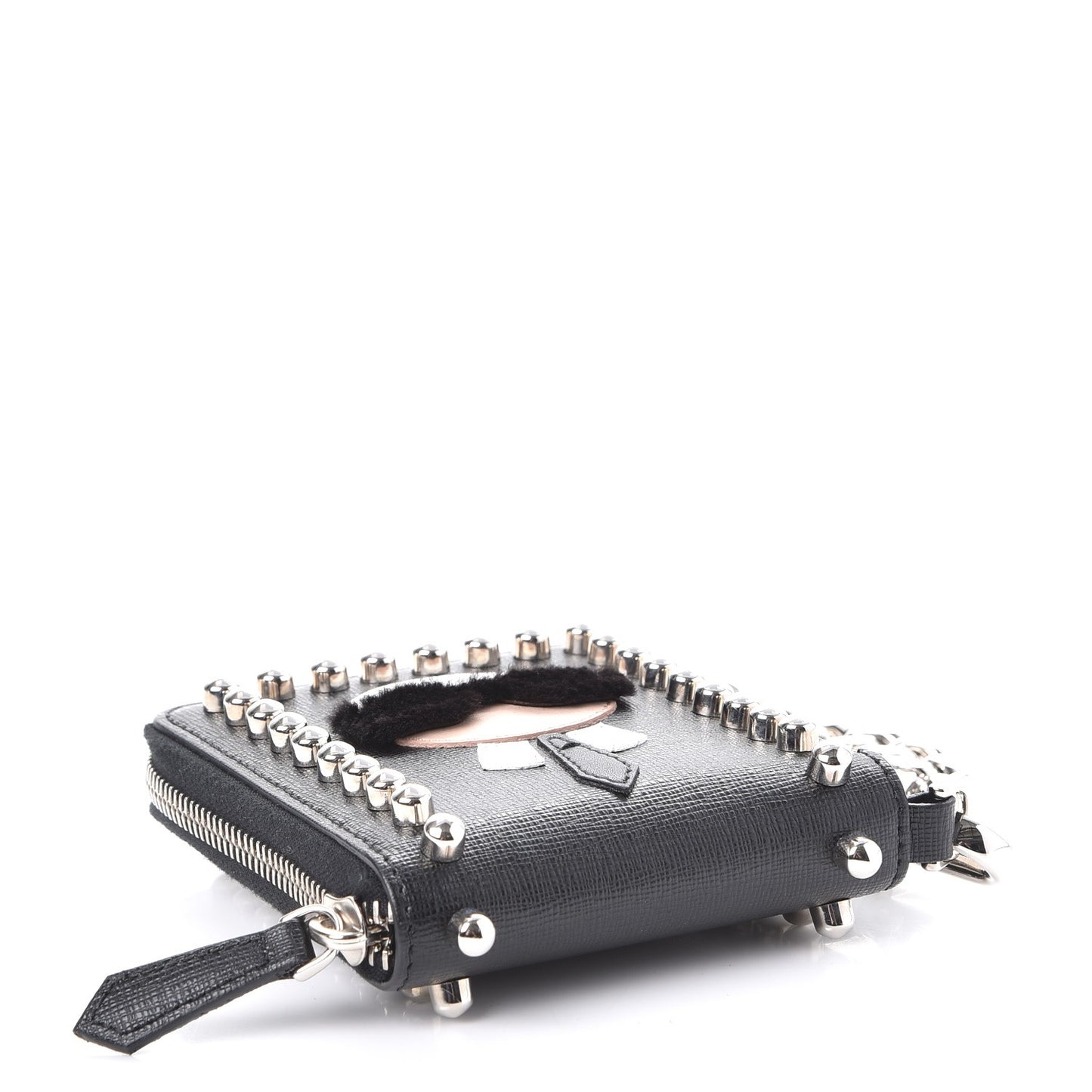 Vitello Elite Flamingo Mink Karlito Studded Zip Around Chain Wallet Black White Plaster