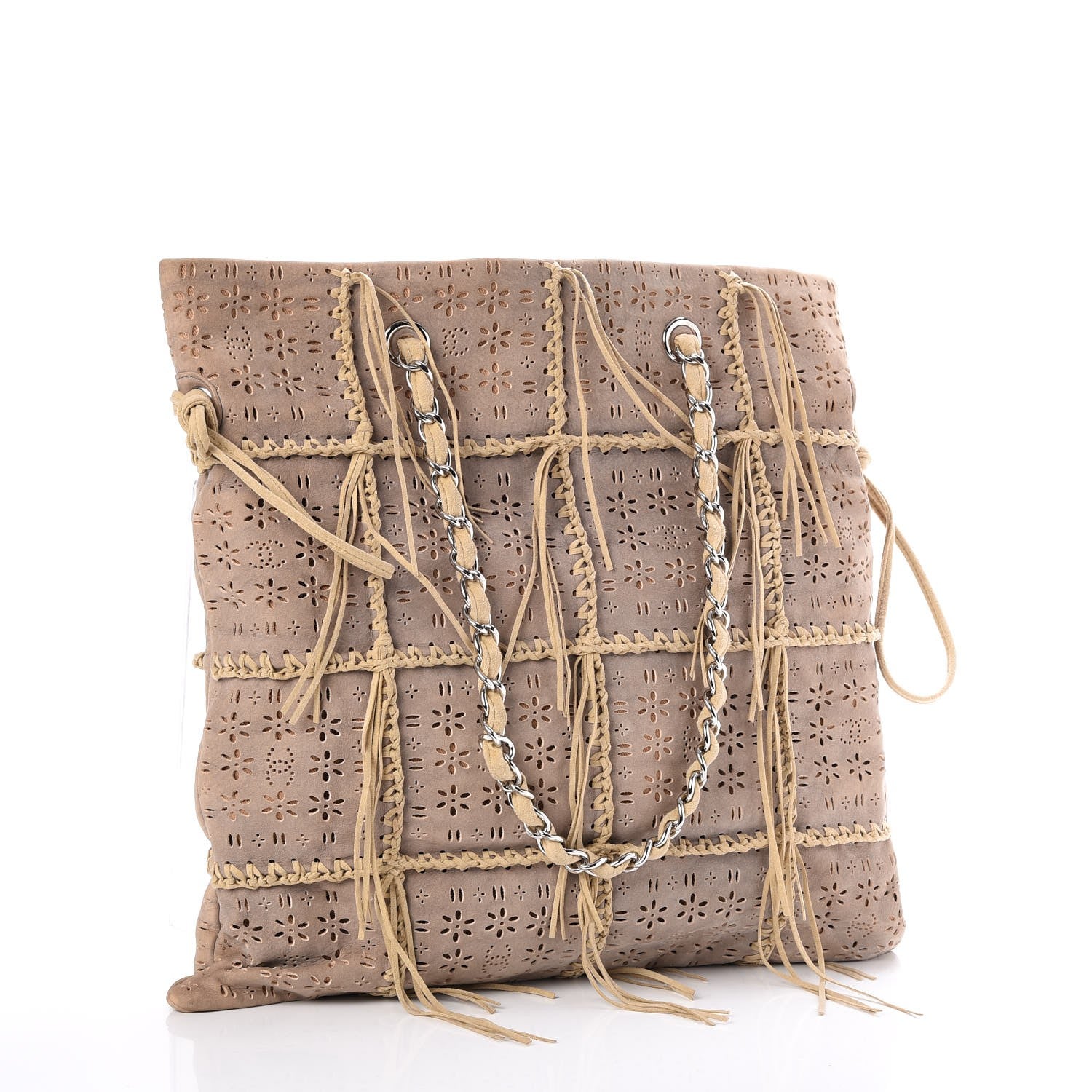 Chanel Suede Calfskin Perforated Drawstring Fringe Tote Beige 3 of 7