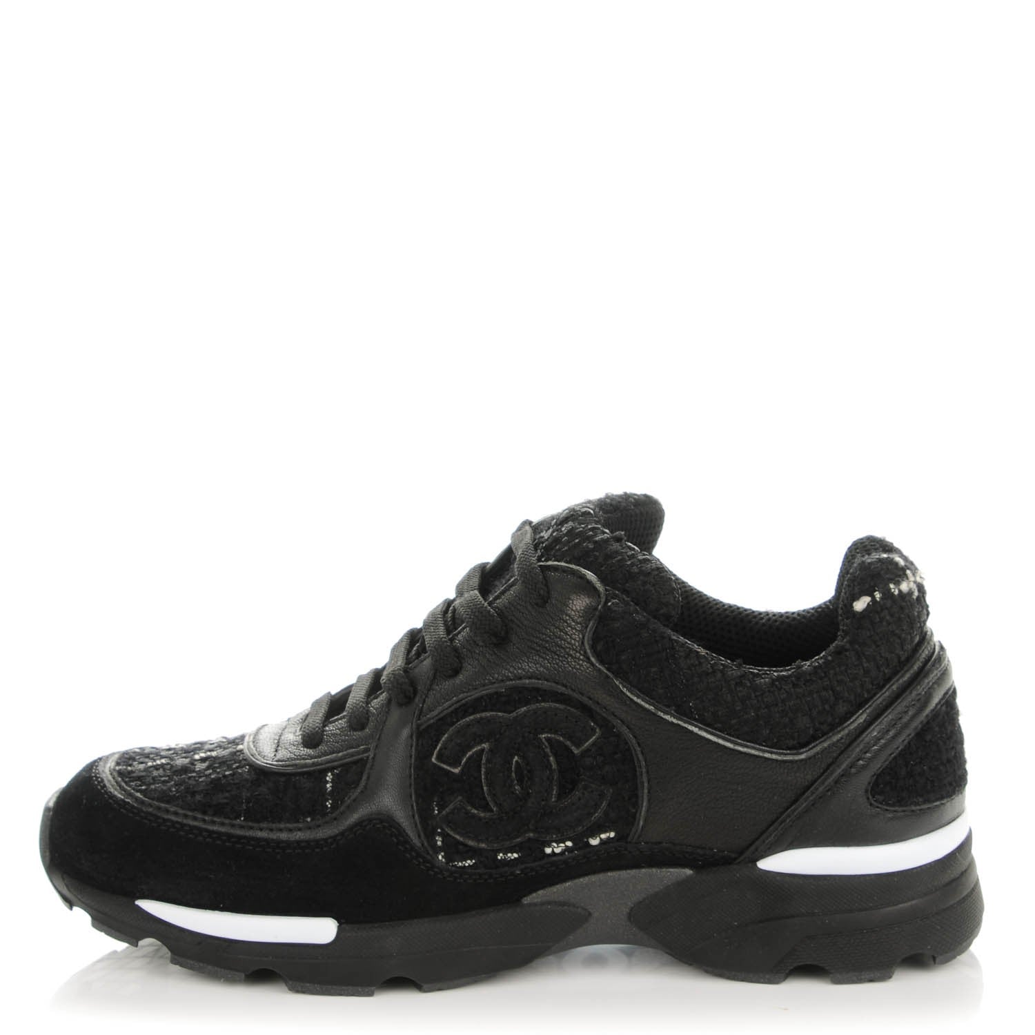 Chanel Suede Tweed Goatskin CC Sneakers 35.5 Black 1 of 7
