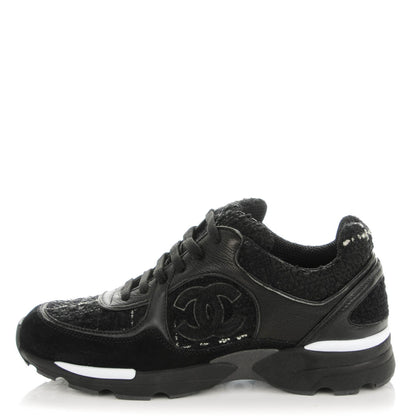 Chanel Suede Tweed Goatskin CC Sneakers 35.5 Black 1 of 7