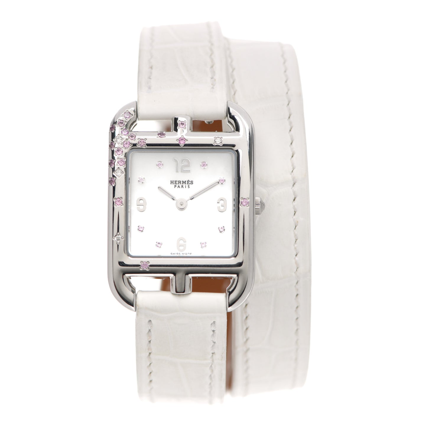 Stainless Steel Alligator Diamond Pink Sapphire 23mm Cape Cod Double Tour Quartz Watch Blanc