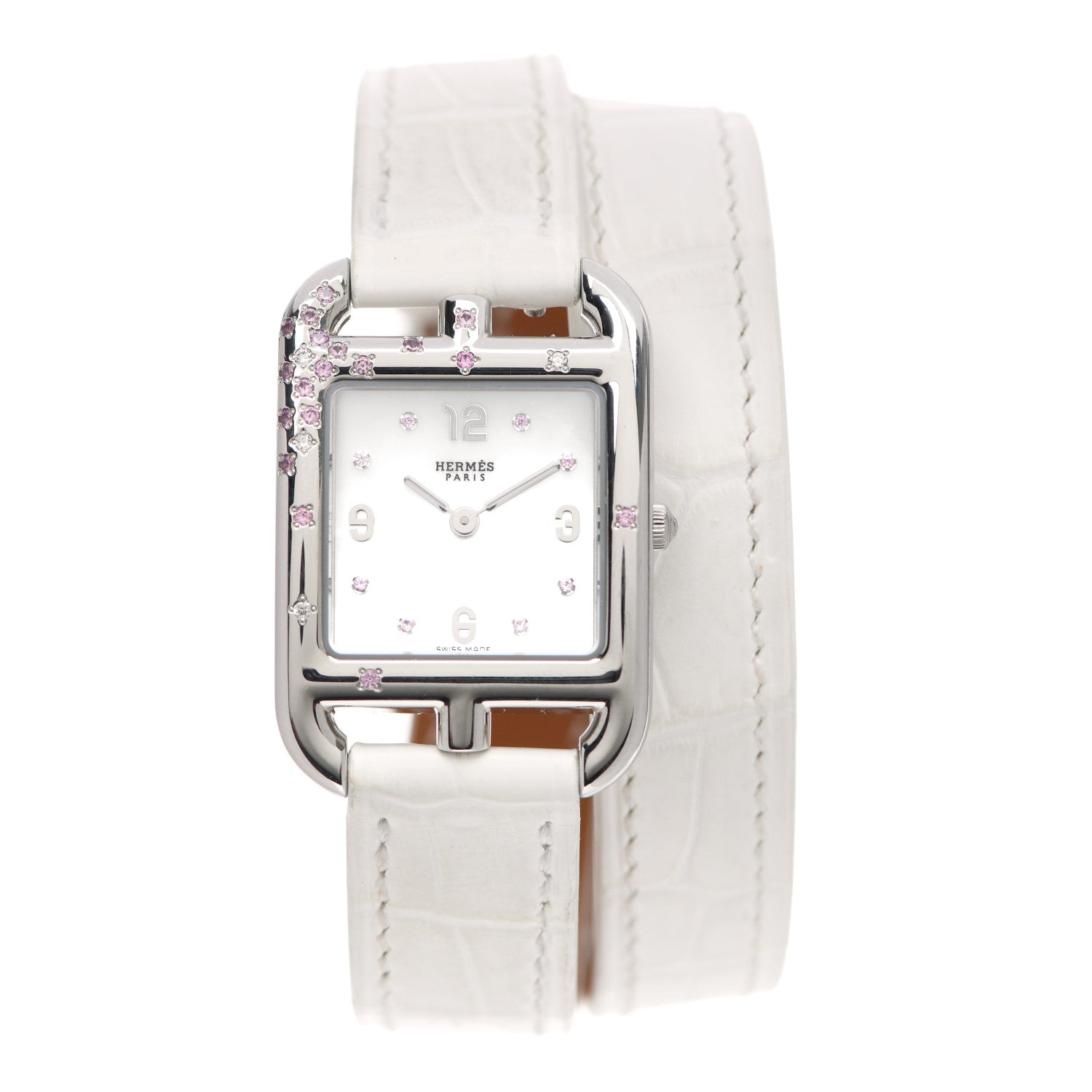 Hermes Stainless Steel Alligator Diamond Pink Sapphire 23mm Cape Cod Double Tour Quartz Watch Blanc 1 of 5