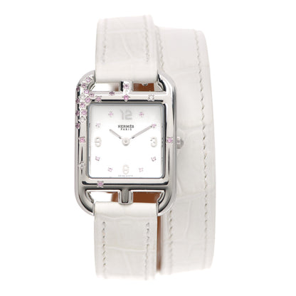 Hermes Stainless Steel Alligator Diamond Pink Sapphire 23mm Cape Cod Double Tour Quartz Watch Blanc 1 of 5
