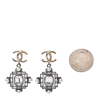 Chanel Crystal Baguette Pearl CC Cross Drop Earrings Gold 2 of 5