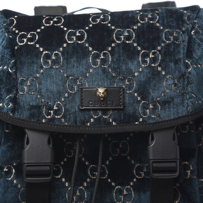 Gucci Velvet GG Monogram Web Medium Double Buckle Backpack Blue Beige Black 10 of 10