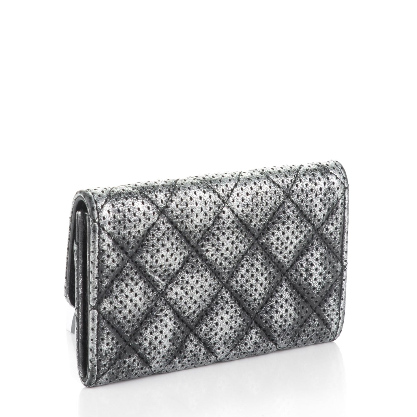 Metallic Calfskin Perforated Quilted Card Holder Grey