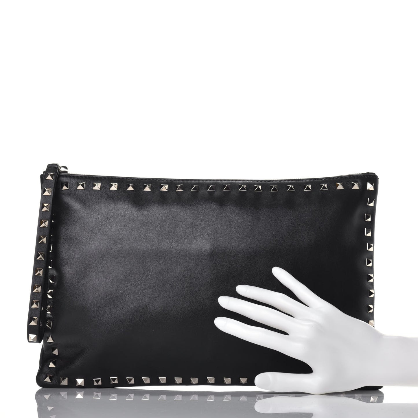 Vitello Large Rockstud Zip Wristlet Pouch Black