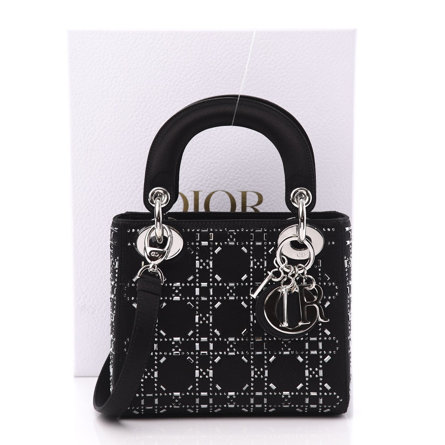 Satin Crystal Cannage Mini Lady Dior Black