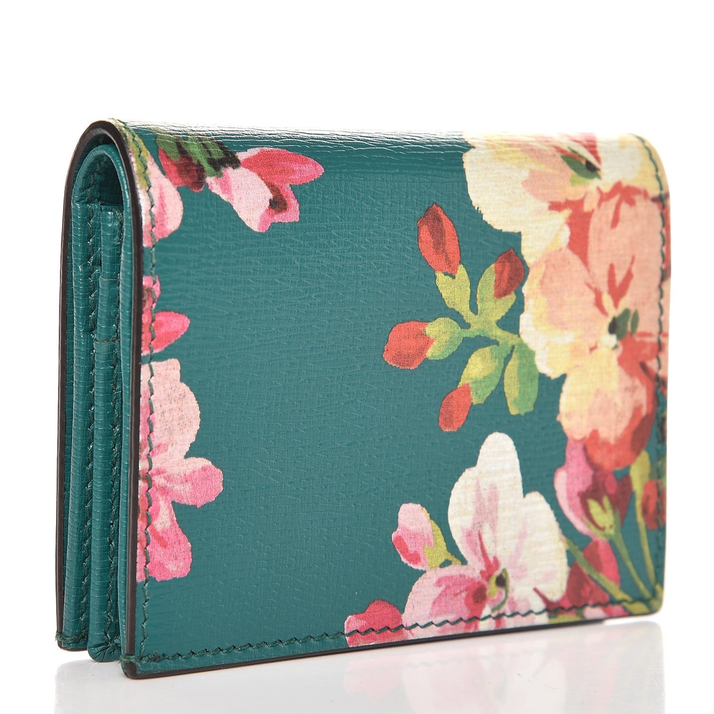 Shangai Calfskin Blooms Print Card Case Wallet Clear Bright Emerald Multicolor