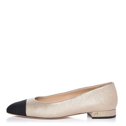 Chanel Metallic Goatskin Grosgrain Cap Toe Ballerina Flats 37 Gold Black 1 of 12